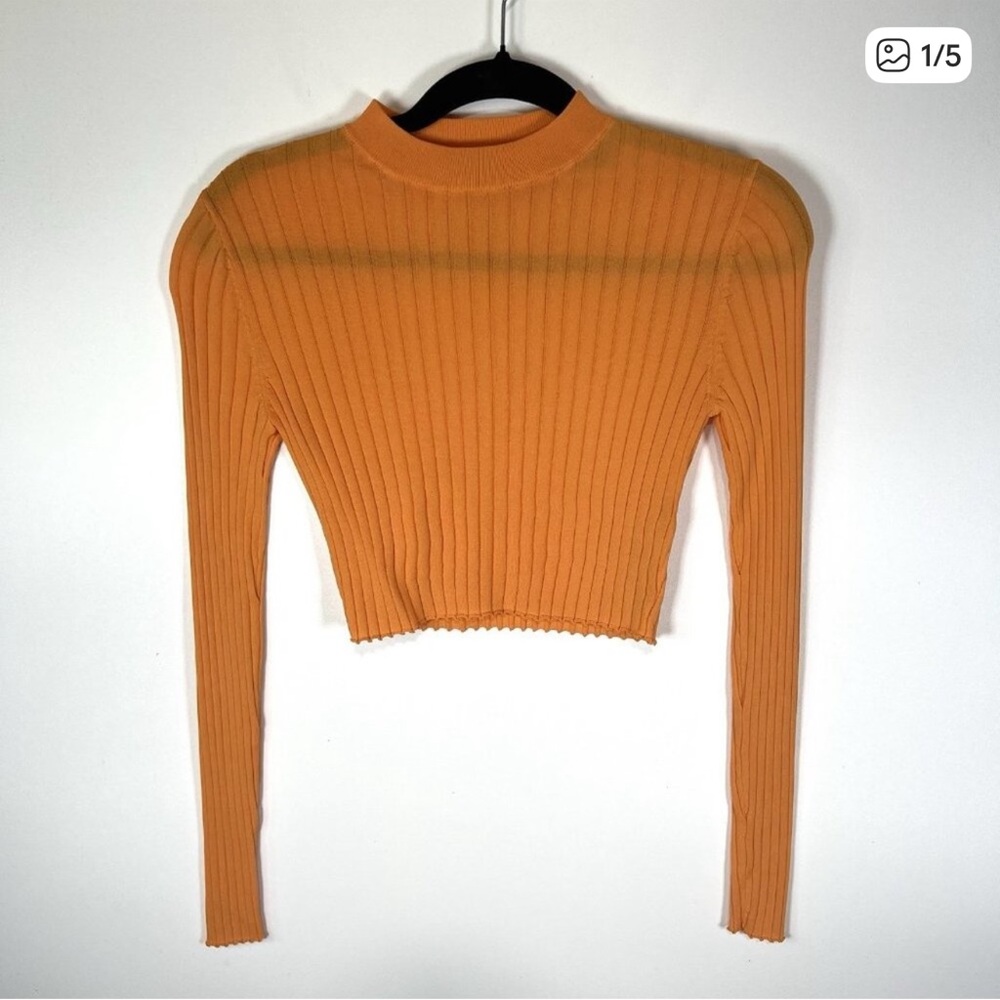 Zara Orange Ribbed Long‎ Sleeve Crop Top Crewneck Fitted Stretch - Size Small